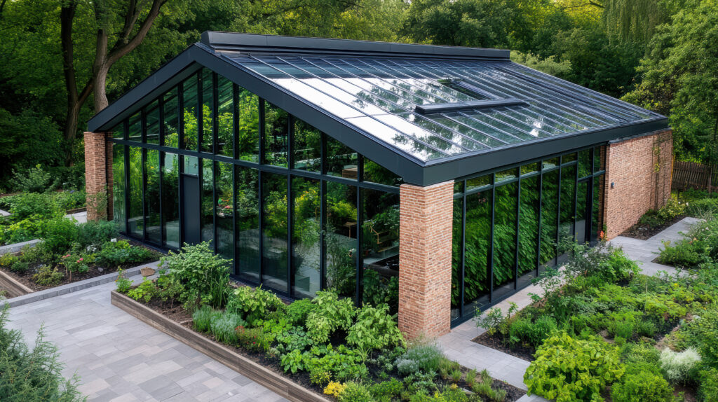 modern greenhouse with glass roof, surrounded by lush greenery and plants