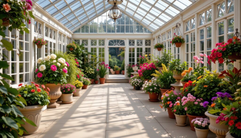 a sunlit conservatory with tiled floors and glass ceilings, overflowing with floral arrangements in decorative pots and urns, no humans or animals.